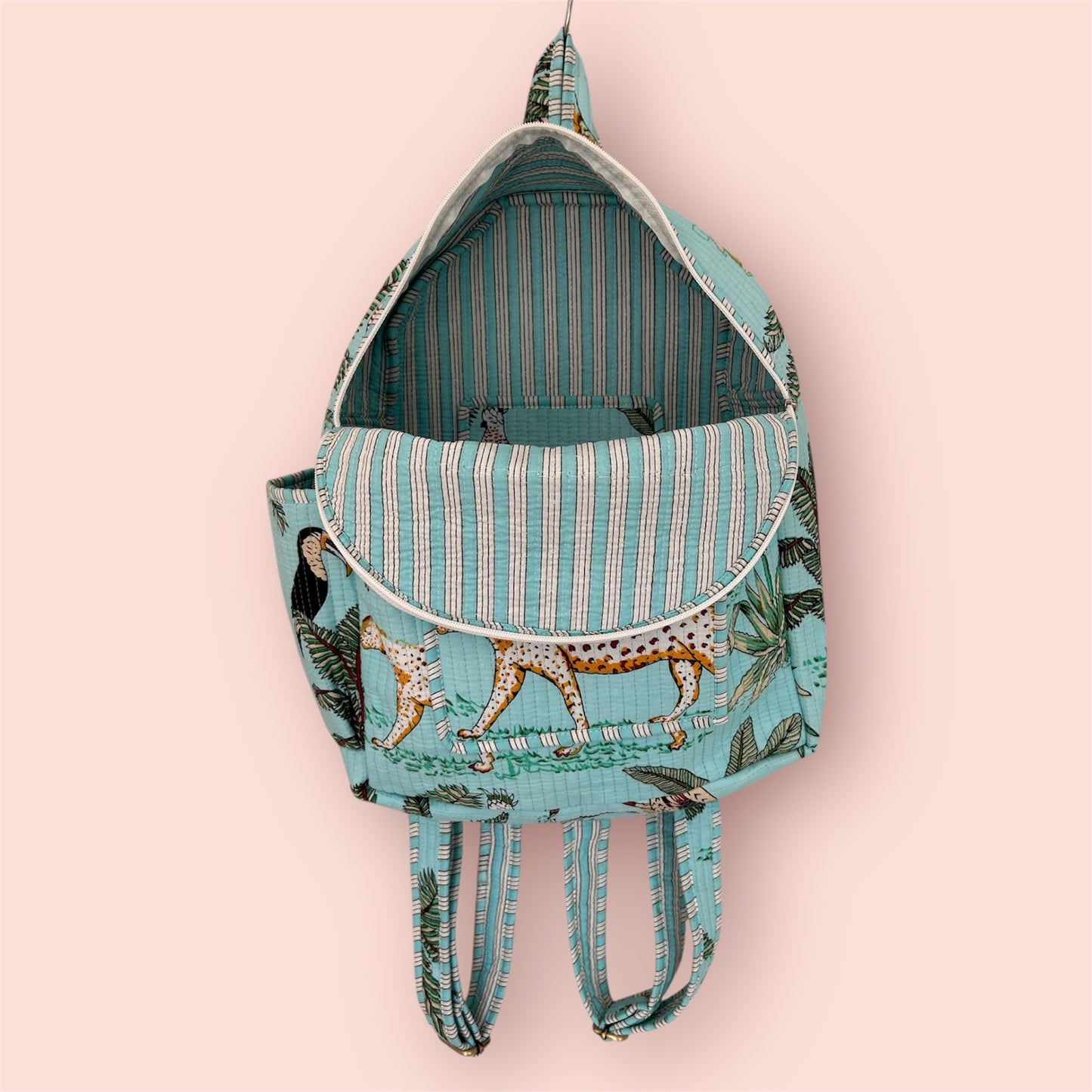 Handmade Indian block print cotton backpack from The Woburn Blue Range – durable, eco-friendly artisan travel bag