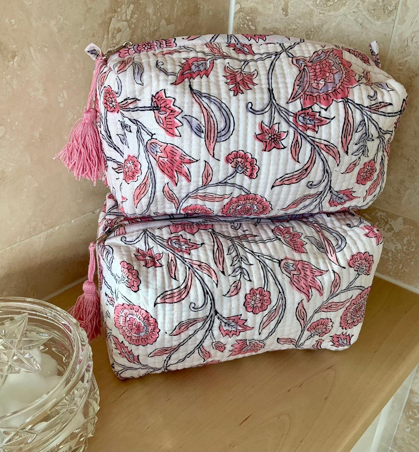 The Sussex - Cotton Quilted Block - Print Pink and White Wash Bag