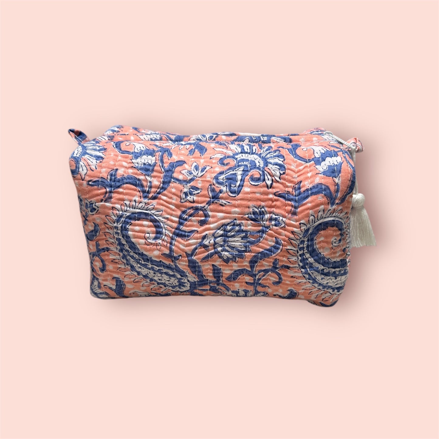 The Midlothian - Cotton Quilted Block - Print Blue and Apricot coloured Wash Bag