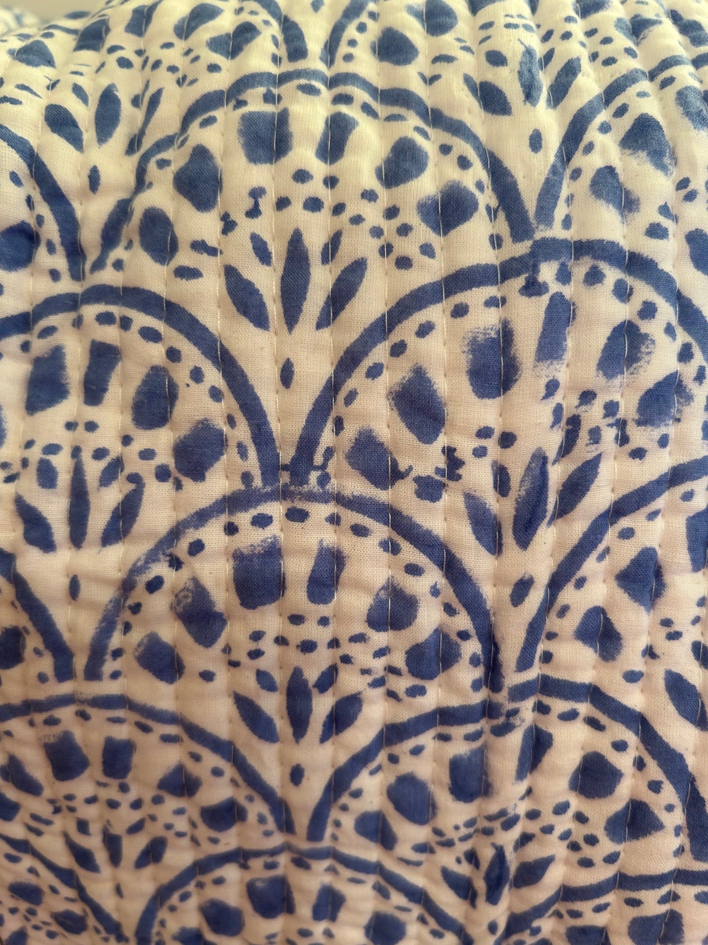 Handmade Indian block print cotton weekend bag with blue and white shell design – The Whitby Range, spacious travel duffel bag