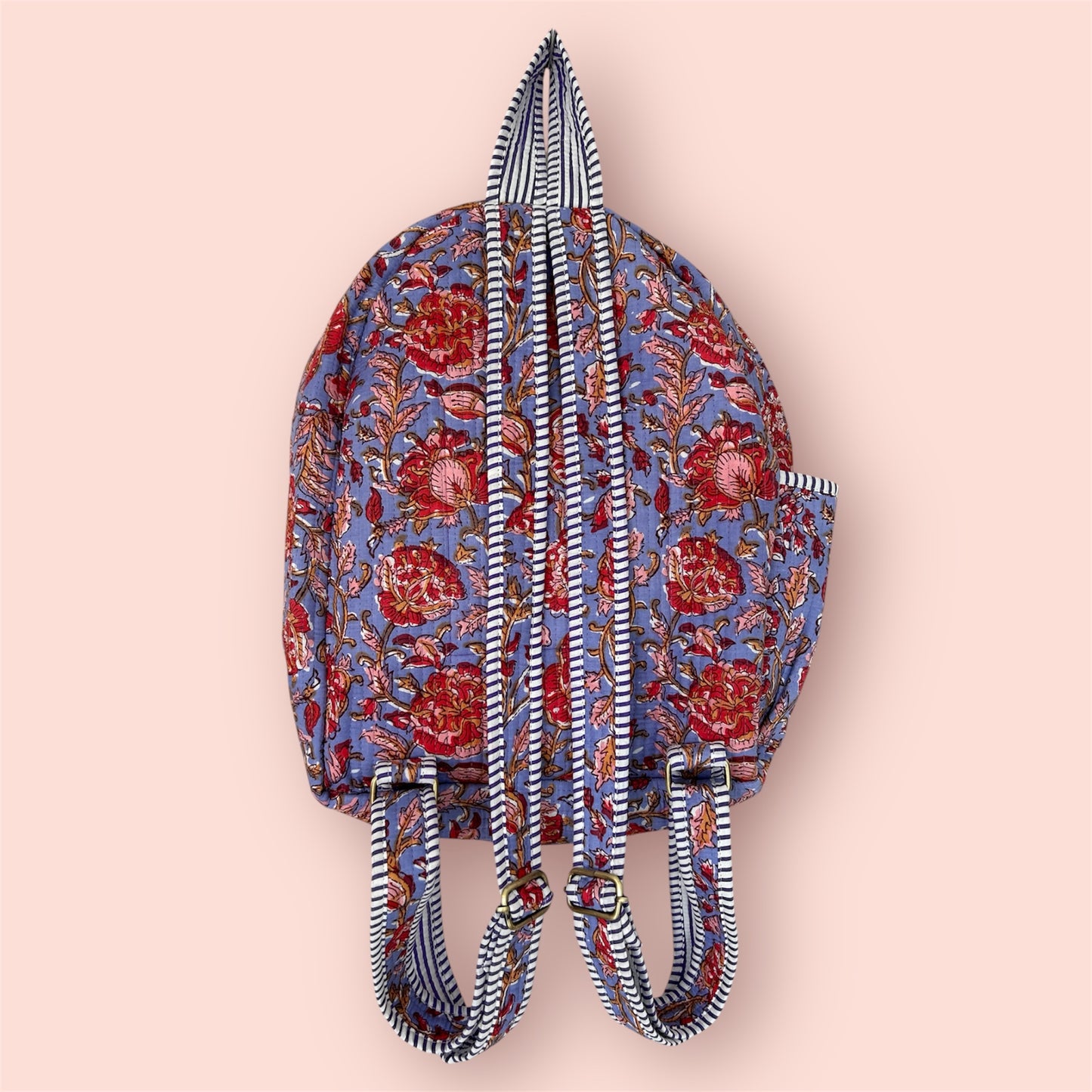 Handmade Indian block print cotton backpack with floral bloom design – eco-friendly artisan travel bag
