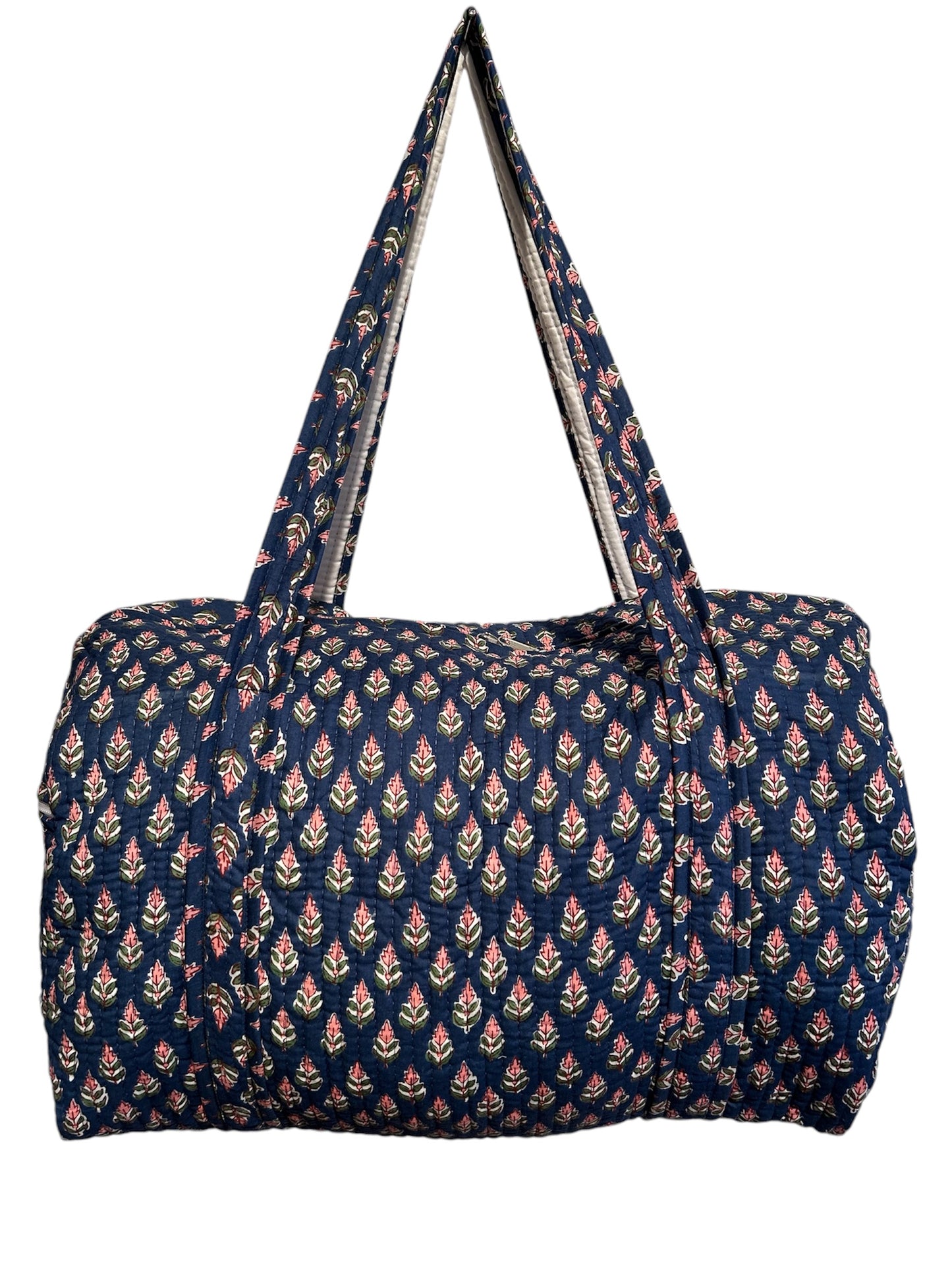 Handmade Indian block print cotton weekend bag in blue and pink – The Witterings Range, spacious travel duffel bag