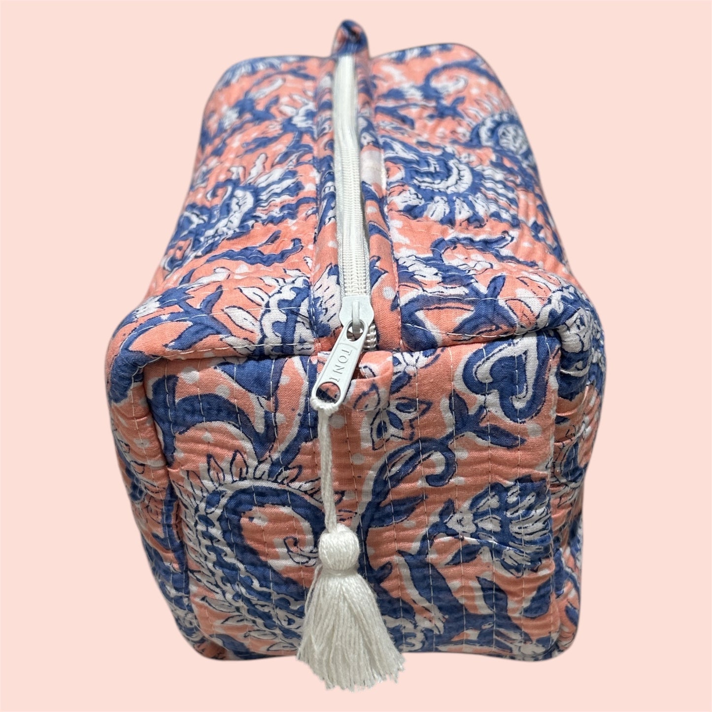 The Midlothian - Cotton Quilted Block - Print Blue and Apricot coloured Wash Bag