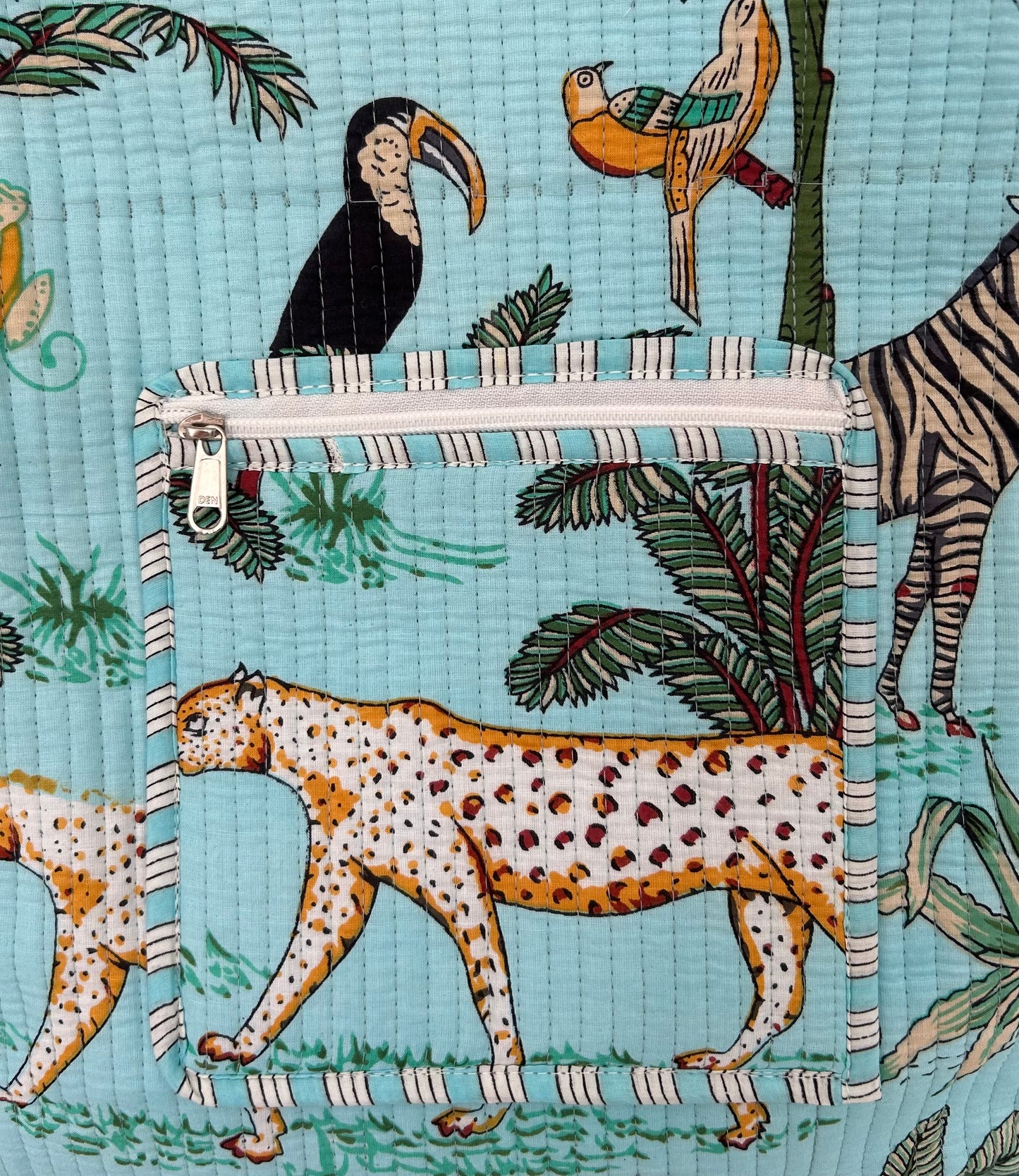 Handmade Indian block print cotton backpack from The Woburn Blue Range – durable, eco-friendly artisan travel bag