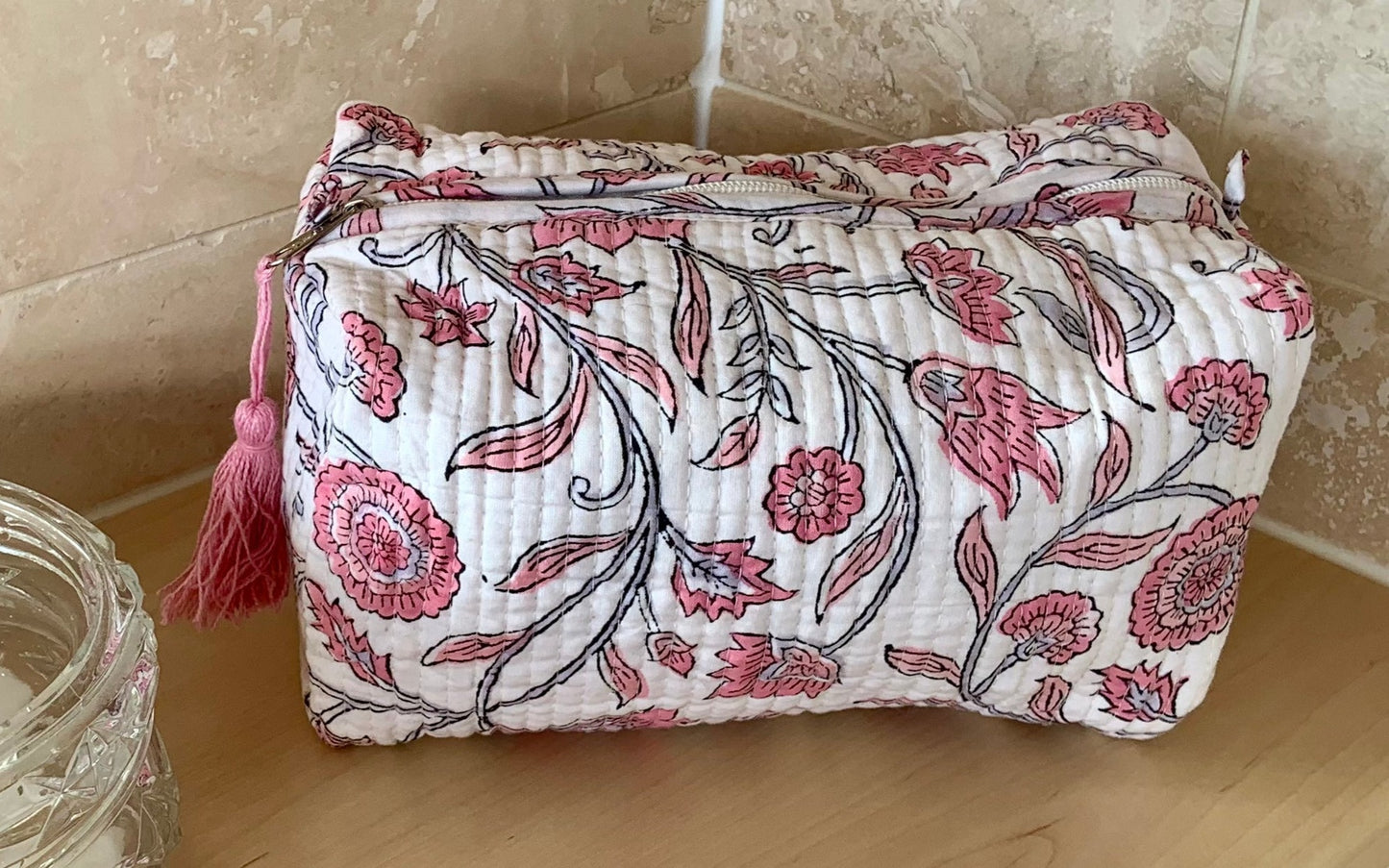 The Sussex - Cotton Quilted Block - Print Pink and White Wash Bag