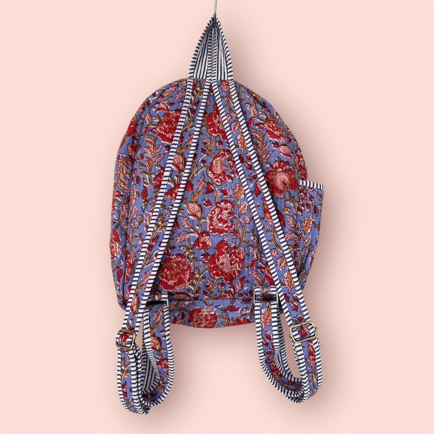 Handmade Indian block print cotton backpack with floral bloom design – eco-friendly artisan travel bag