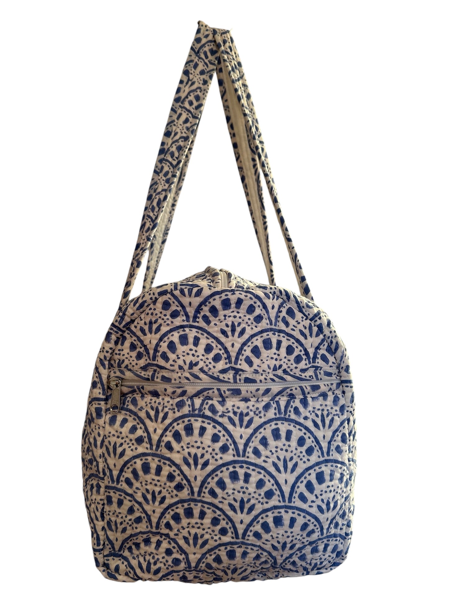 Handmade Indian block print cotton weekend bag with blue and white shell design – The Whitby Range, spacious travel duffel bag