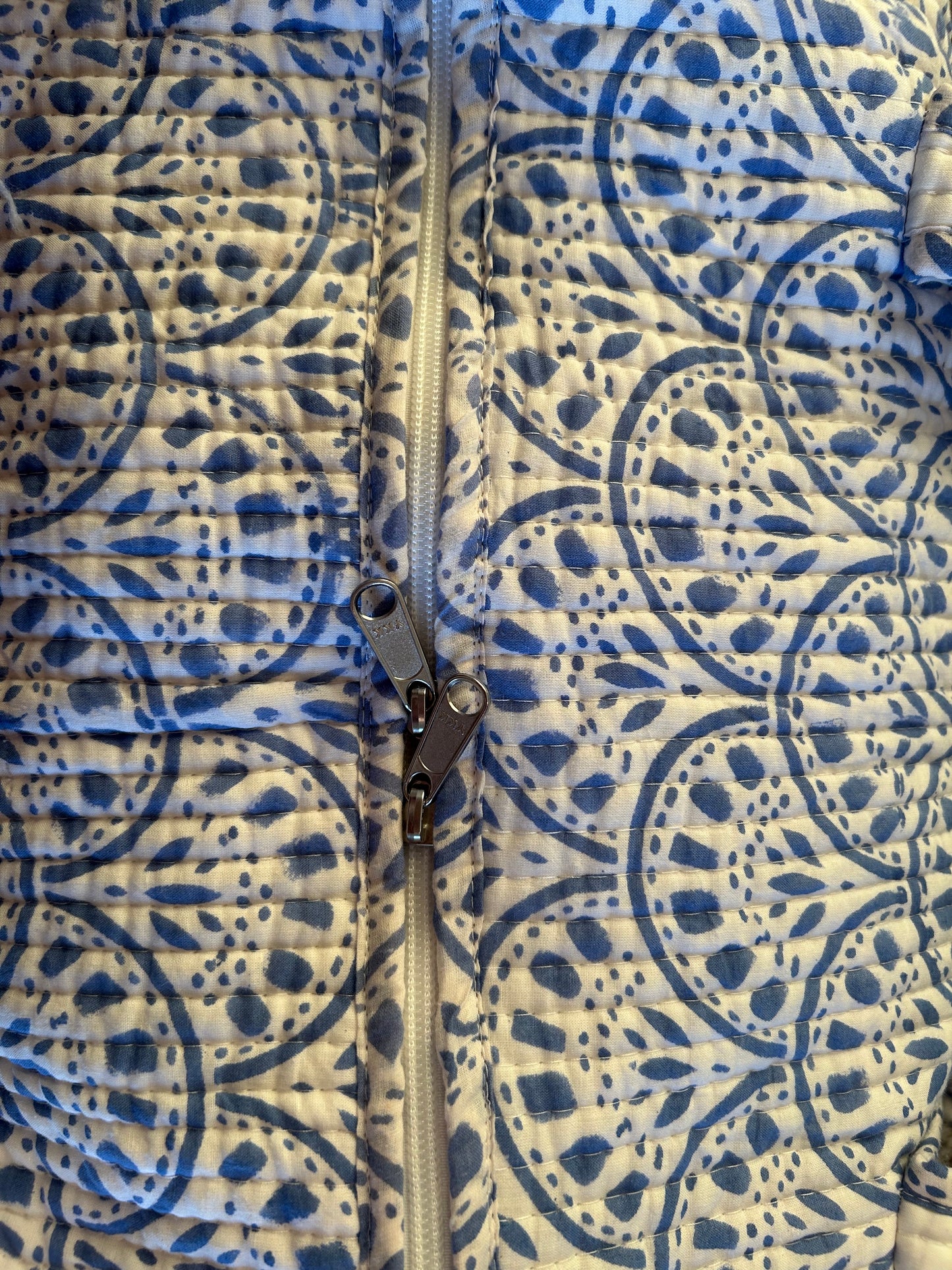 Handmade Indian block print cotton weekend bag with blue and white shell design – The Whitby Range, spacious travel duffel bag