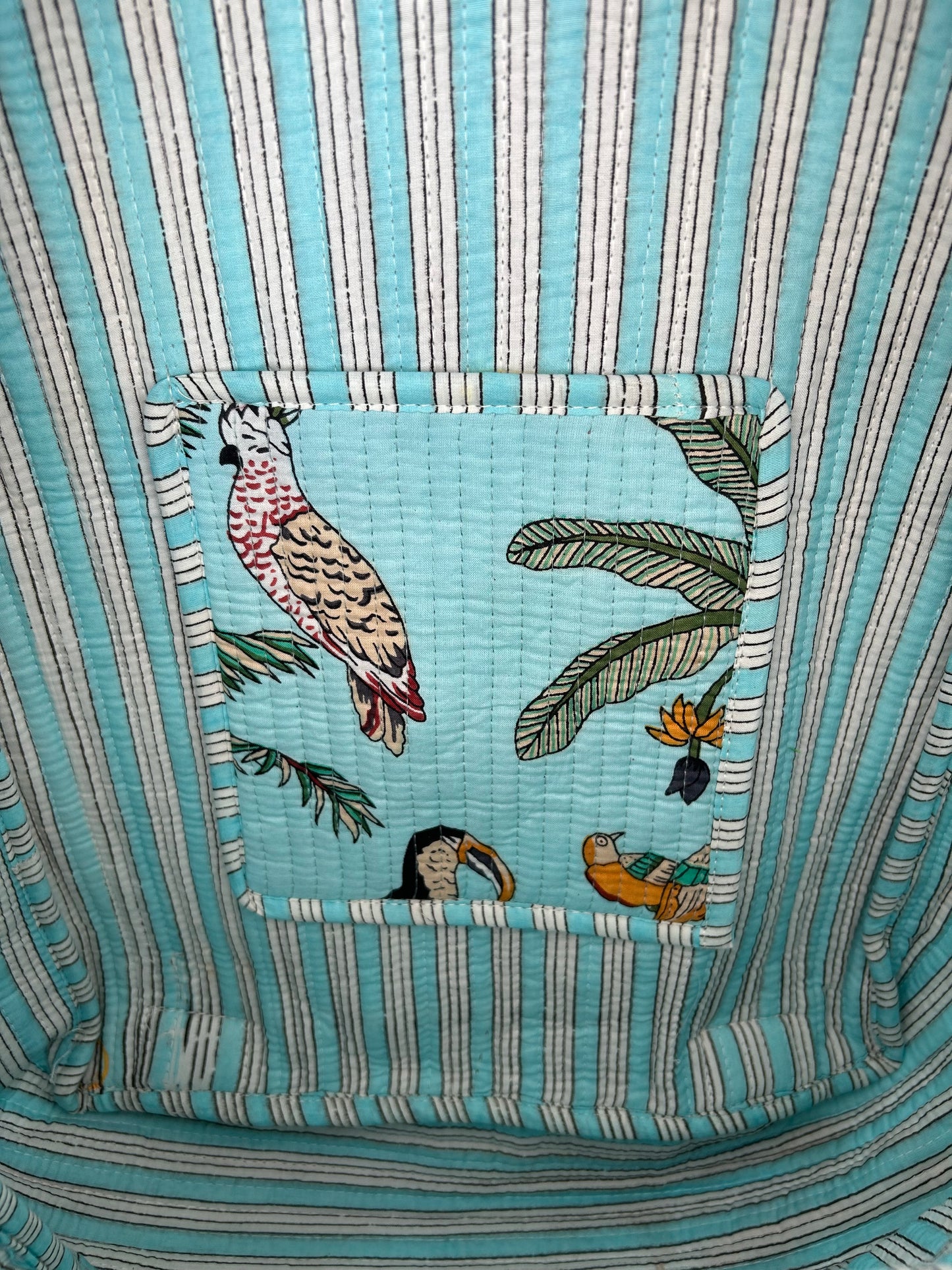 Handmade Indian block print cotton backpack from The Woburn Blue Range – durable, eco-friendly artisan travel bag