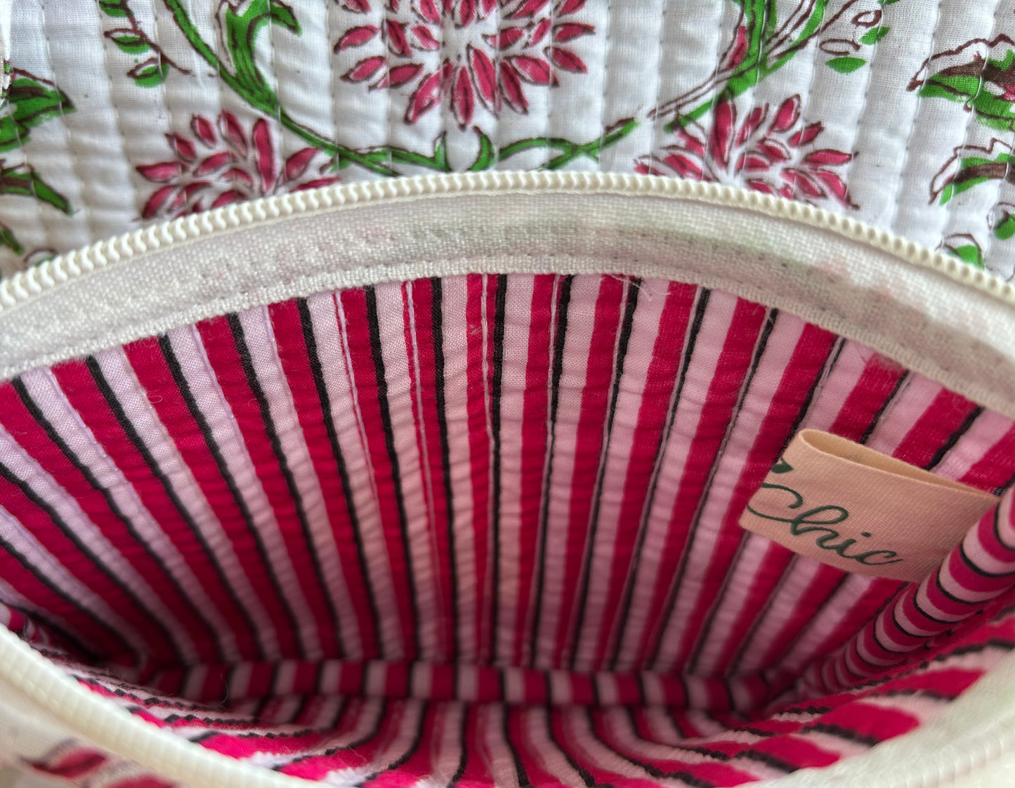 Set of 3 quilted pouches featuring traditional Indian block prints in assorted patterns and colours, handmade from cotton with zip closures — perfect for travel, cosmetics, or everyday essentials.