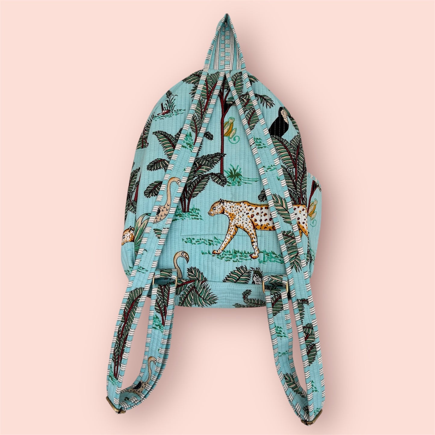 Handmade Indian block print cotton backpack from The Woburn Blue Range – durable, eco-friendly artisan travel bag
