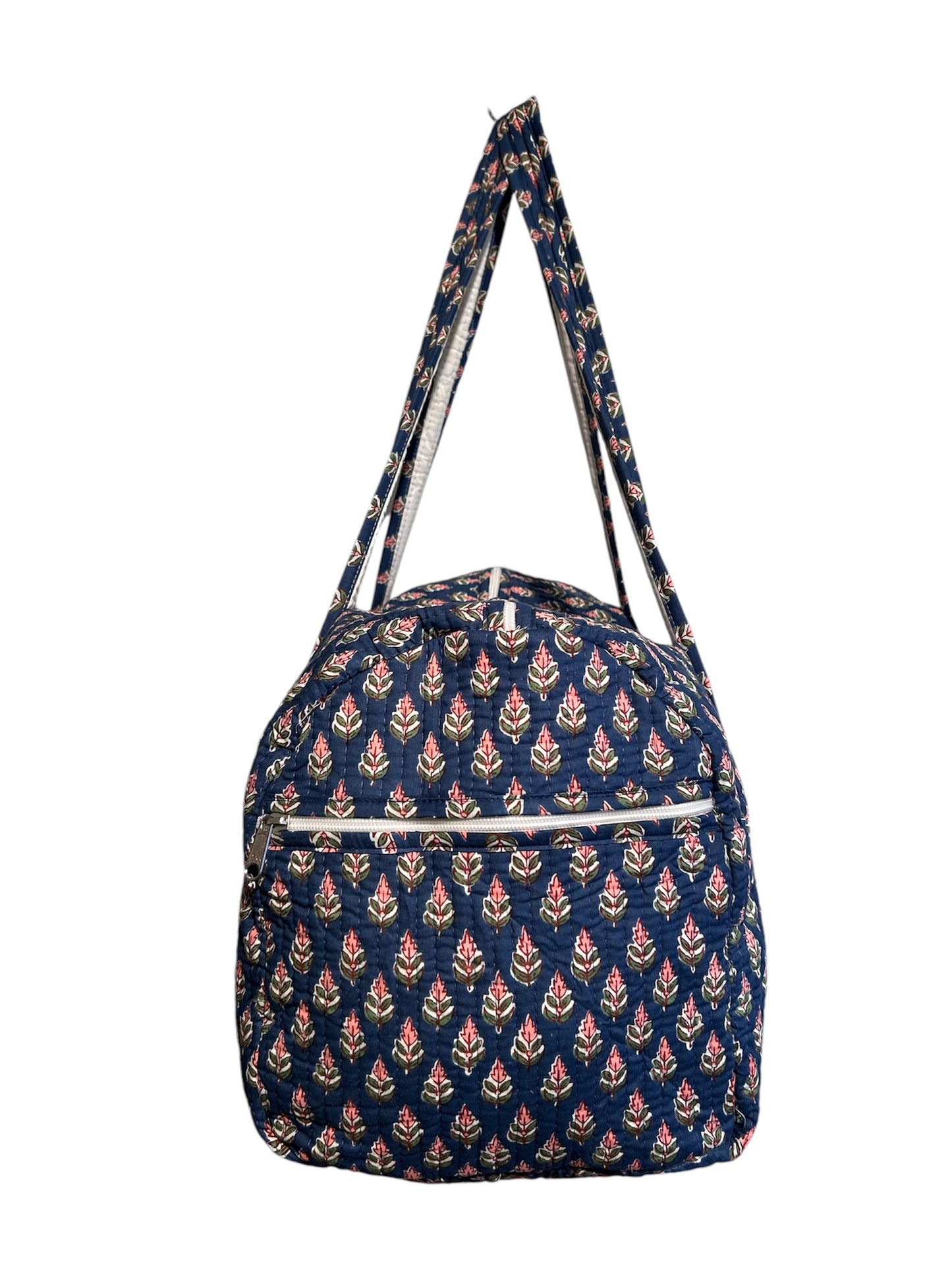 Handmade Indian block print cotton weekend bag in blue and pink – The Witterings Range, spacious travel duffel bag