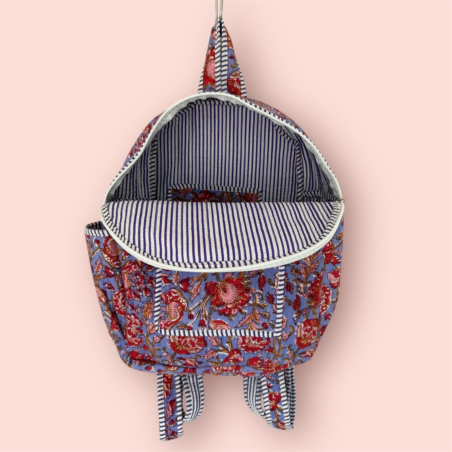 Handmade Indian block print cotton backpack with floral bloom design – eco-friendly artisan travel bag