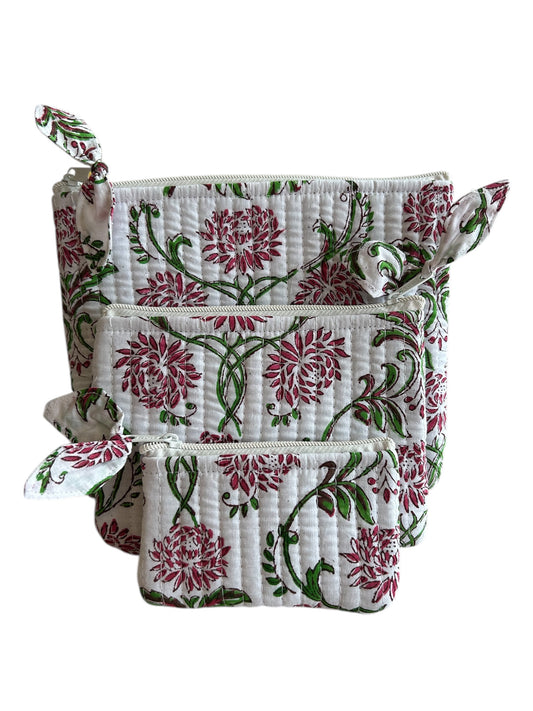 Set of 3 quilted pouches featuring traditional Indian block prints in assorted patterns and colours, handmade from cotton with zip closures — perfect for travel, cosmetics, or everyday essentials.