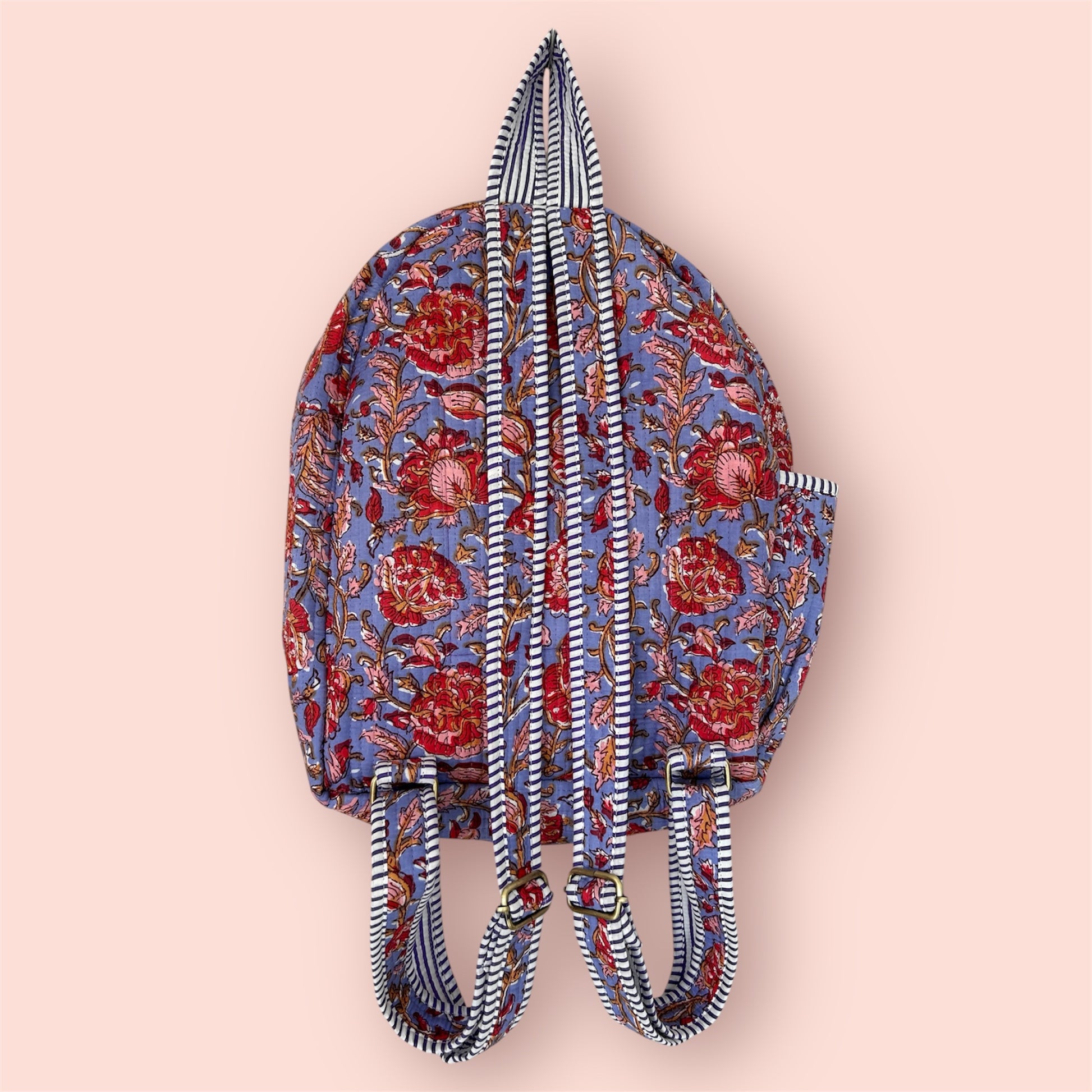 Handmade Indian block print cotton backpack with floral bloom design – eco-friendly artisan travel bag