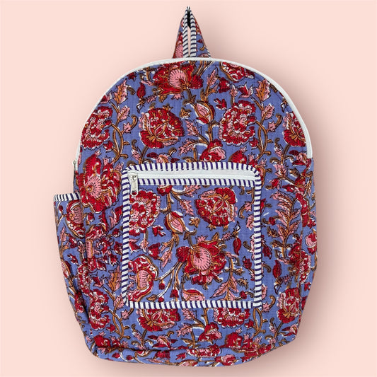 Handmade Indian block print cotton backpack with floral bloom design – eco-friendly artisan travel bag