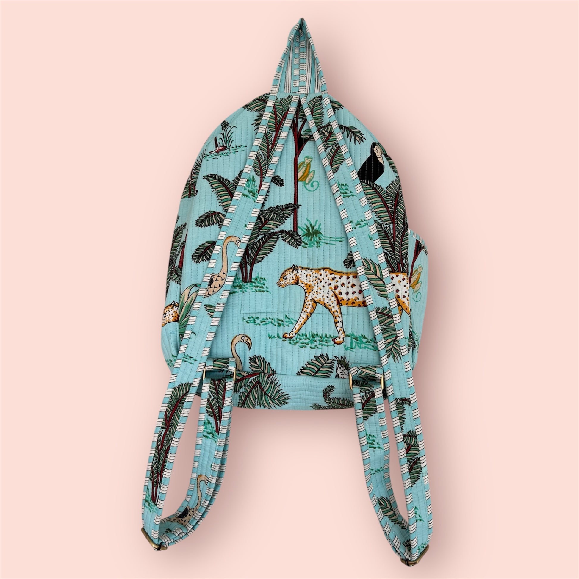 Handmade Indian block print cotton backpack from The Woburn Blue Range – durable, eco-friendly artisan travel bag