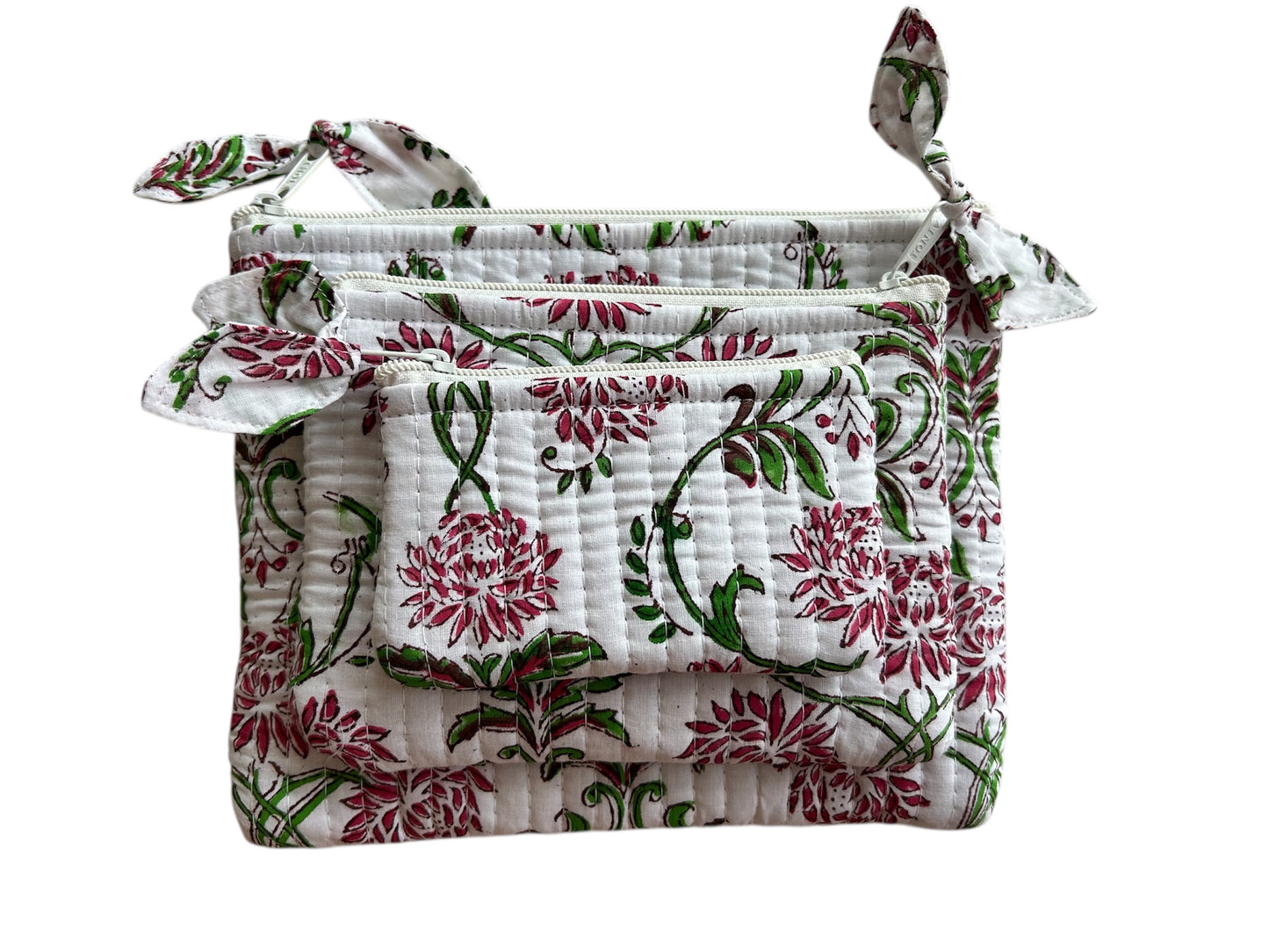 Set of 3 quilted pouches featuring traditional Indian block prints in assorted patterns and colours, handmade from cotton with zip closures — perfect for travel, cosmetics, or everyday essentials.