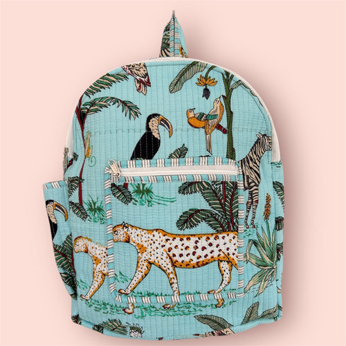 Handmade Indian block print cotton backpack from The Woburn Blue Range – durable, eco-friendly artisan travel bag