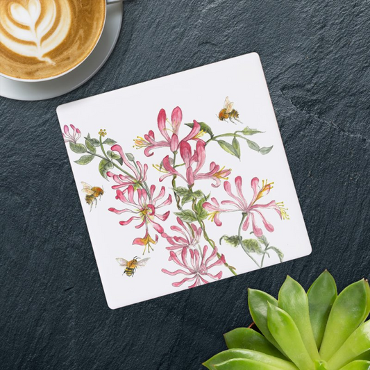 Honeysuckle and Bees Botanical Ceramic Coaster